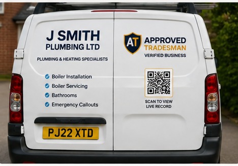 A tradesman's van carrying the Approved Tradesman shield and QR code.