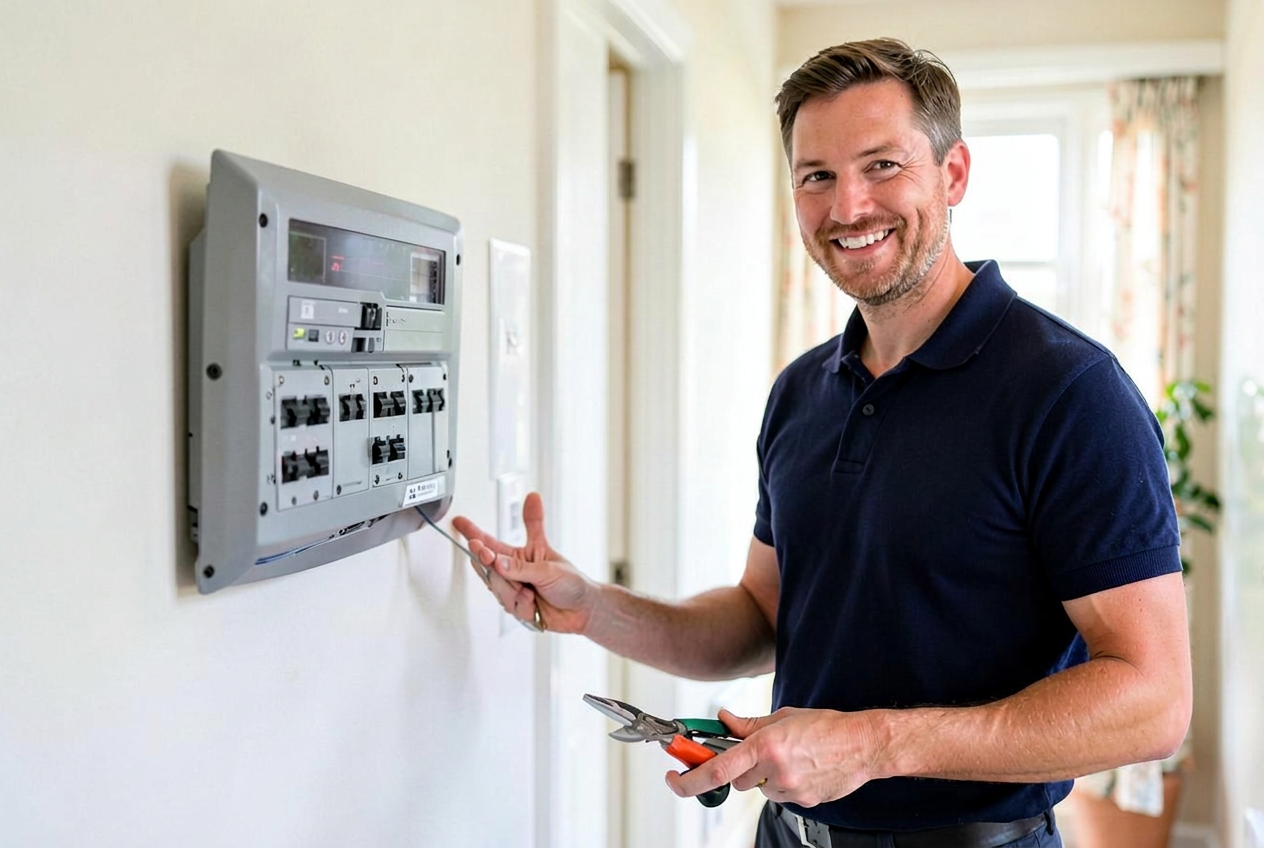 An electrician in a navy polo with the Approved Tradesman shield, fitting a fuse box in a bright hallway