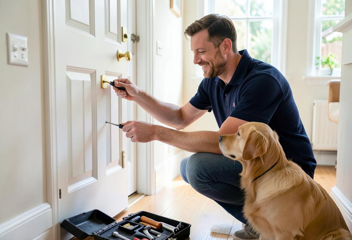 A locksmith showing a customer the door lock he is fitting.
