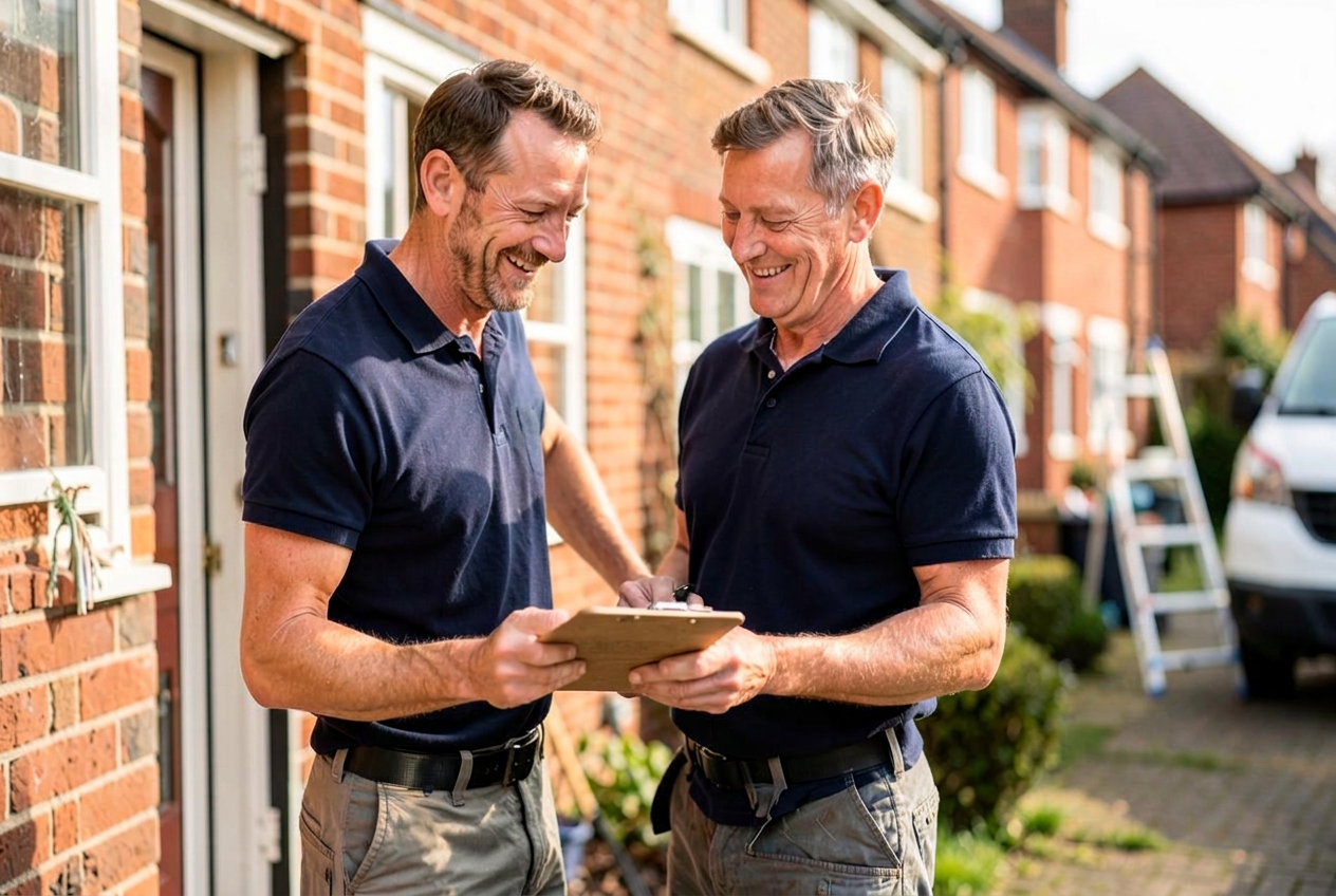 A tradesperson talking with a customer at their front door.