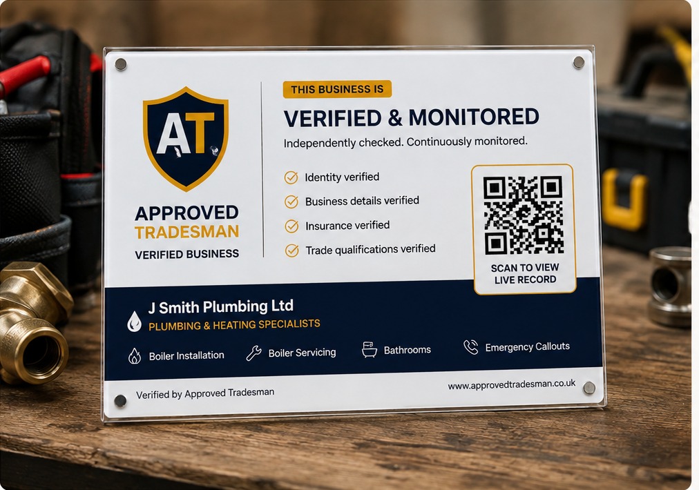 An Approved Tradesman wall plaque with the verification QR code.