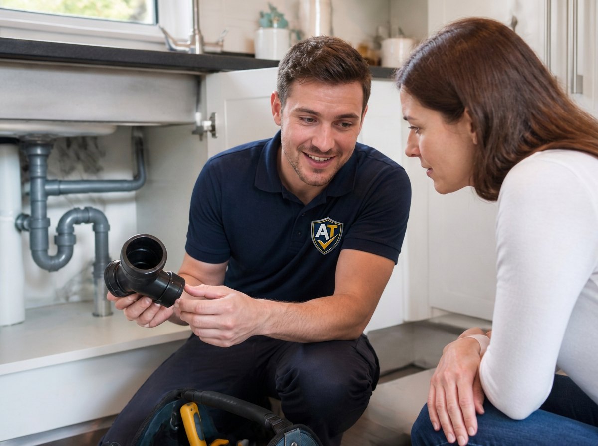 An Approved Tradesman wearing the shield on his chest while talking with a customer.