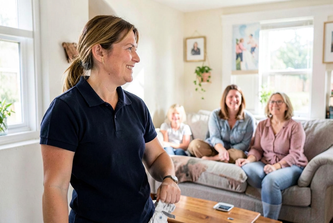 A decorator in a navy polo with the Approved Tradesman shield, chatting with happy customers in their living room