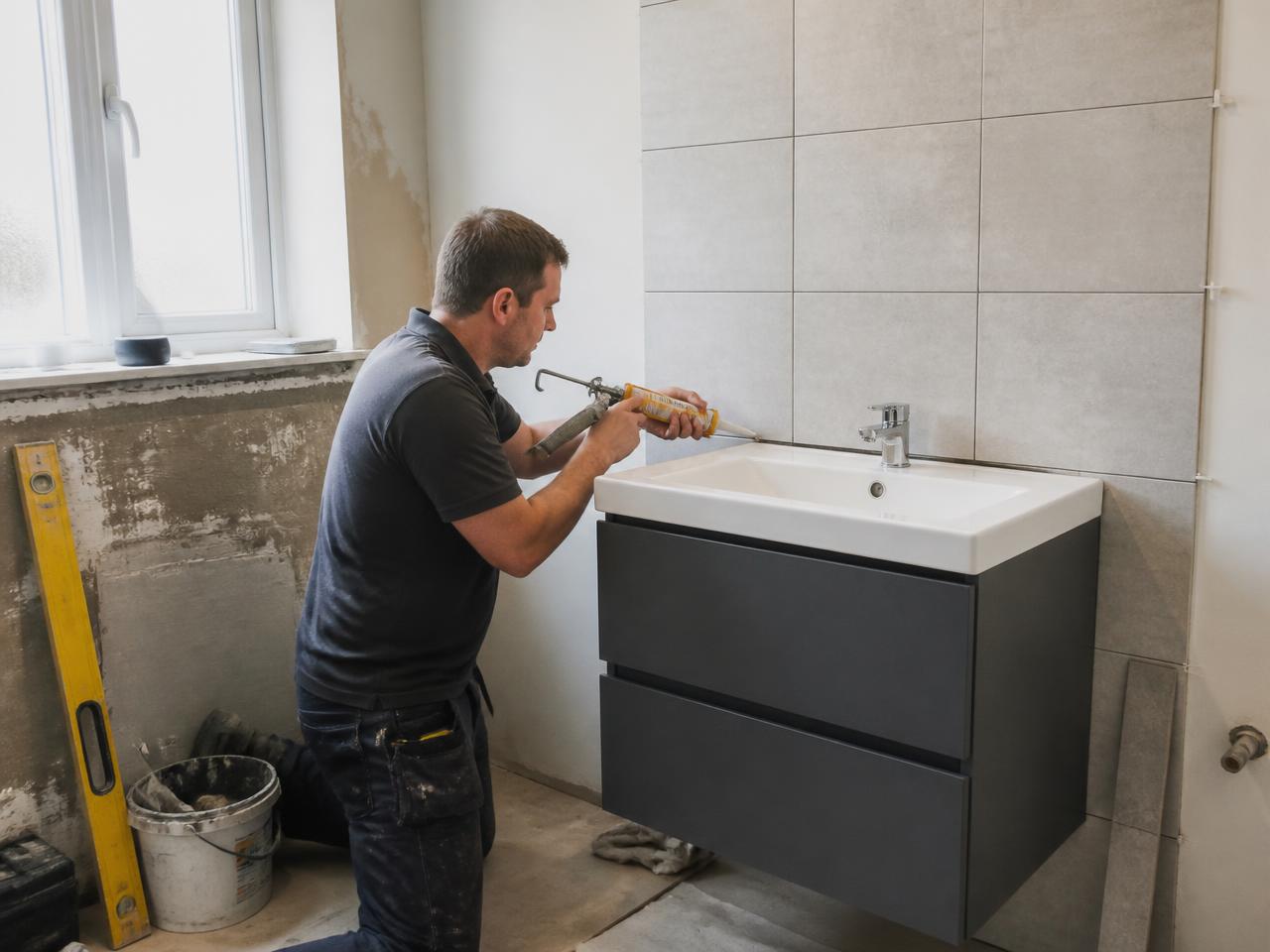 A fitter sealing a wall hung basin unit in a part finished tiled bathroom.