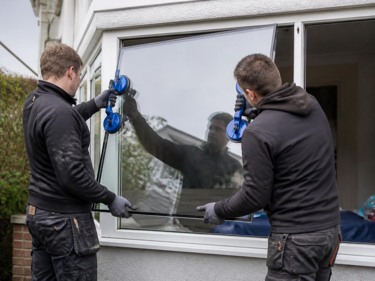 Two glaziers lifting a large double glazed unit into a window frame using suction handles.