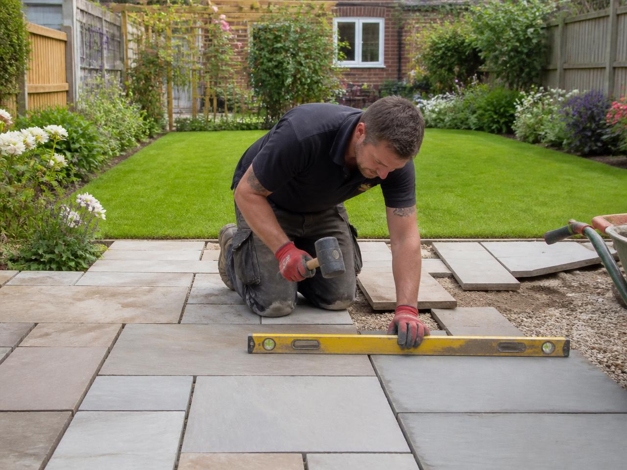 A landscaper kneeling to level stone paving slabs on a new garden patio.