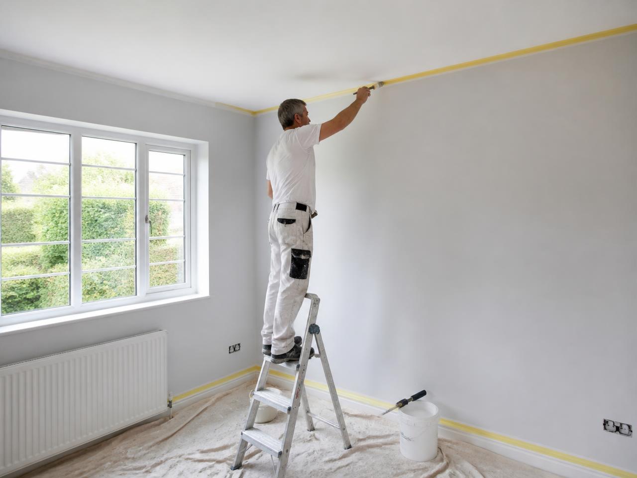 A decorator cutting in along the ceiling line of a freshly painted room with dust sheets down.