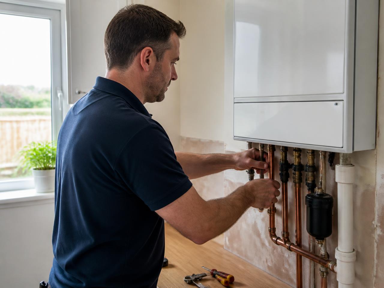 A heating engineer working on the pipework beneath a wall mounted combi boiler.