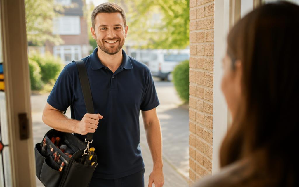 A tradesperson arriving at a customer's door with a tool bag, ready to start a new job