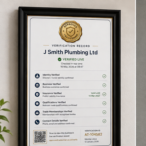 Framed Approved Tradesman verification record on a wall